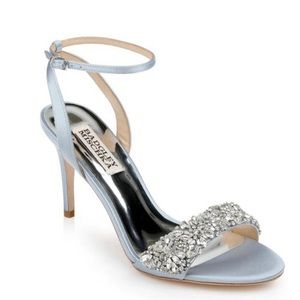 New, still in box, Badgley Mischka toe strap evening sandal in azure blue.